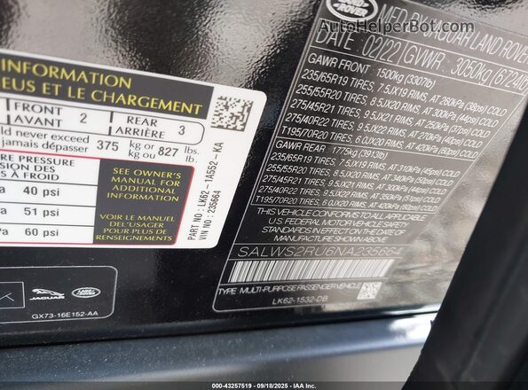 SALWS2RU6NA235664 2022 LAND ROVER RANGE ROVER SPORT Black Vista del compartimento del motor
