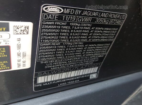 SALWS2RU7LA710221 2020 LAND ROVER RANGE Black Widok naklejki z numerem VIN