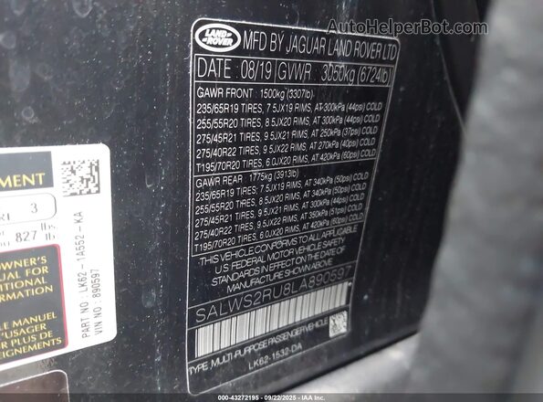 SALWS2RU8LA890597 2020 LAND ROVER RANGE ROVER SPORT Gray Vista del compartimento del motor