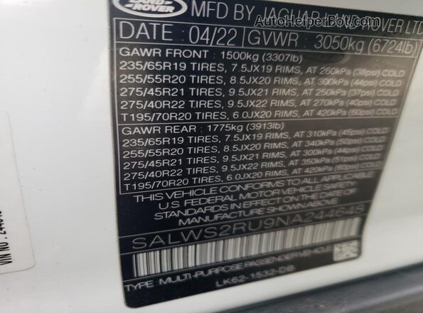 SALWS2RU9NA244648 2022 LAND ROVER RANGE White VIN sticker view