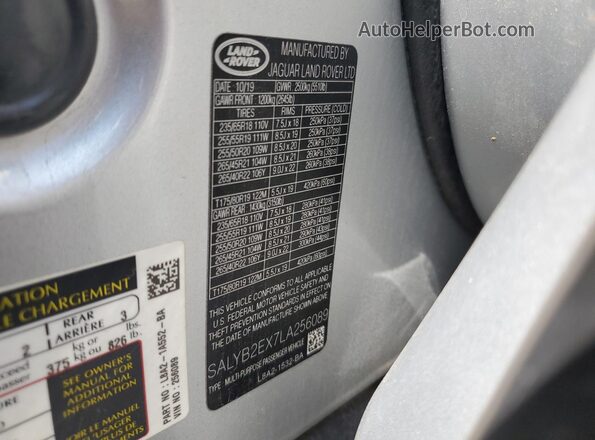 SALYB2EX7LA256089 2020 LAND ROVER RANGE Silver VIN sticker view