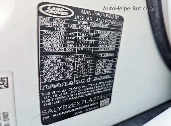 SALYB2EX7LA274527 2020 LAND ROVER RANGE White 360 interior view