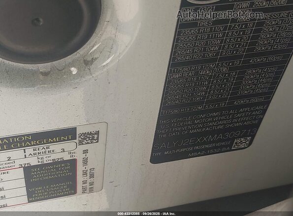 SALYJ2EXXMA309713 2021 LAND ROVER RANGE ROVER VELAR White Vista del compartimento del motor