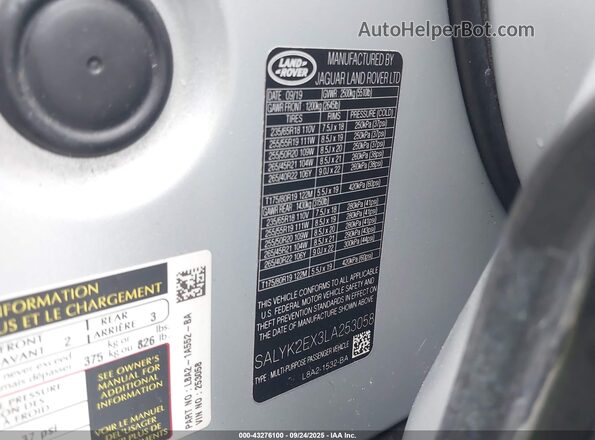 SALYK2EX3LA253058 2020 LAND ROVER RANGE ROVER VELAR Серебряный Вид подкапотного пространства