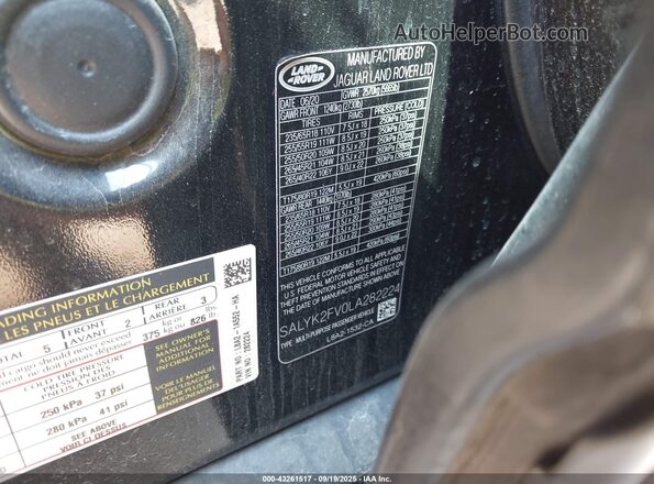 SALYK2FV0LA282224 2020 LAND ROVER RANGE ROVER VELAR Black Vista del compartimento del motor