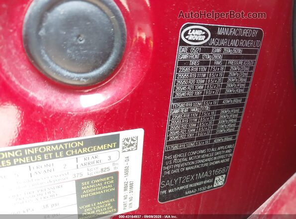 SALYT2EX1MA316687 2021 LAND ROVER RANGE ROVER VELAR Red Widok komory silnika