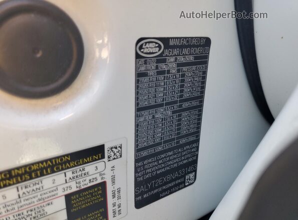 SALYT2EX8NA331463 2022 LAND ROVER RANGE White 