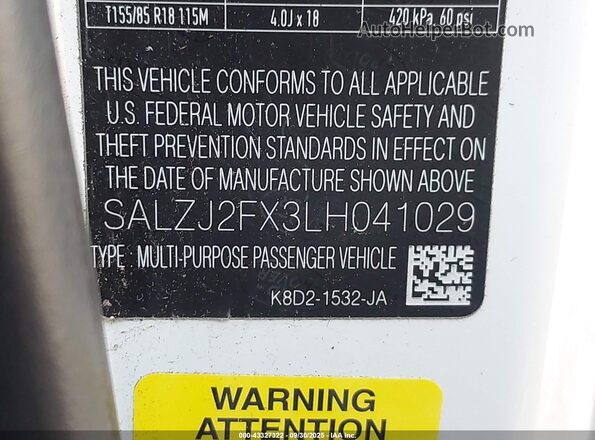 SALZJ2FX3LH041029 2020 LAND ROVER RANGE ROVER EVOQUE White Widok komory silnika
