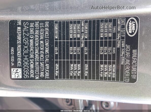 SALZJ2FX3LH060356 2020 LAND ROVER RANGE ROVER EVOQUE Gray 