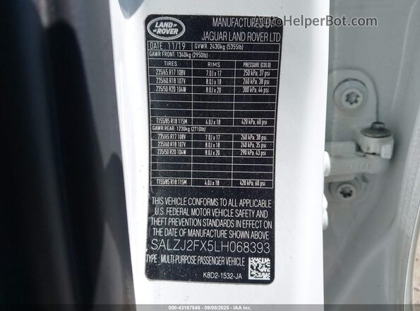 SALZJ2FX5LH068393 2020 LAND ROVER RANGE ROVER EVOQUE White Engine compartment view