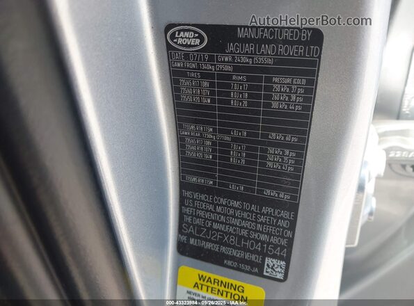 SALZJ2FX8LH041544 2020 LAND ROVER RANGE ROVER EVOQUE Silver Вид підкапотного простору