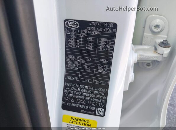 SALZL2GX0LH027078 2020 LAND ROVER RANGE ROVER EVOQUE White Вид підкапотного простору