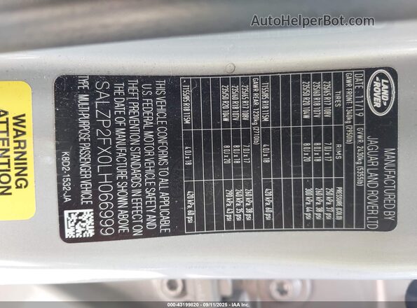 SALZP2FX0LH066999 2020 LAND ROVER RANGE ROVER EVOQUE Silver Widok komory silnika