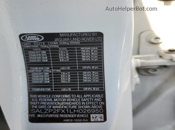 SALZP2FX1LH026950 2020 LAND ROVER RANGE White Vista del compartimento del motor