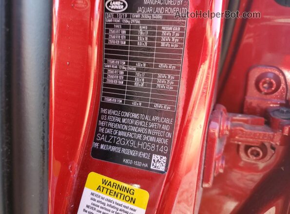 SALZT2GX9LH058149 2020 LAND ROVER RANGE Red 