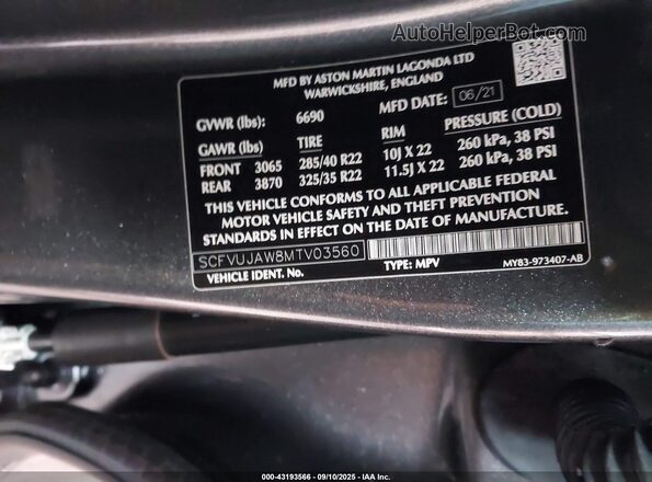 SCFVUJAW8MTV03560 2021 ASTON MARTIN DBX Серый 