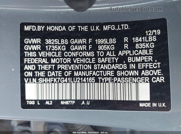 SHHFK7G41LU214165 2020 HONDA CIVIC Light Blue Engine compartment view
