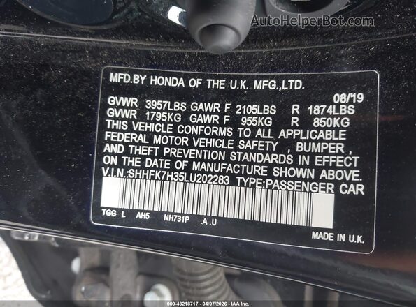 SHHFK7H35LU202283 2020 HONDA CIVIC Black Engine compartment view
