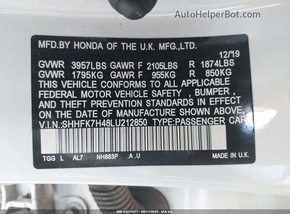 SHHFK7H48LU212850 2020 HONDA CIVIC White Engine compartment view