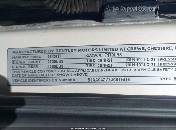 SJAAC4ZVXJC019416 2018 BENTLEY BENTAYGA Beige ძრავის განყოფილების ხედი