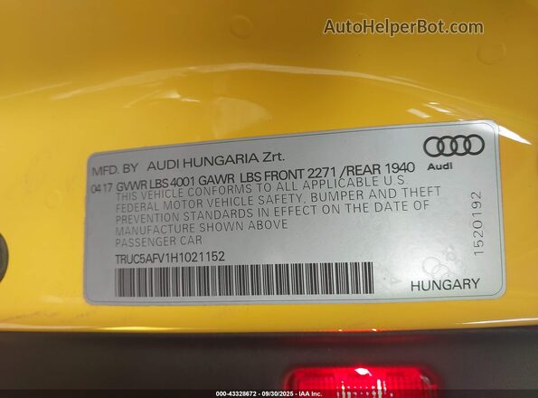 TRUC5AFV1H1021152 2017 AUDI TT Желтый Вид подкапотного пространства