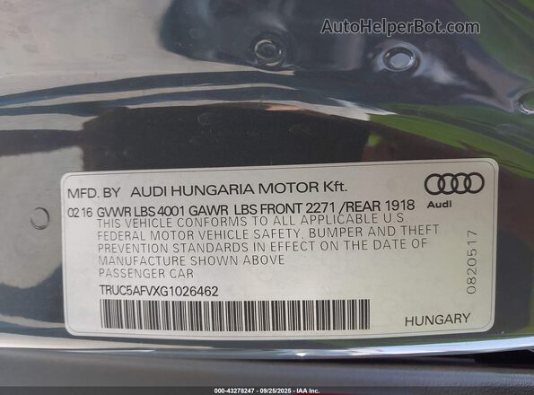 TRUC5AFVXG1026462 2016 AUDI TT Gray Вид підкапотного простору