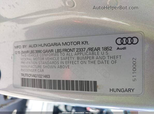 TRUT5CFV4G1021463 2016 AUDI TT Silver Vista del compartimento del motor