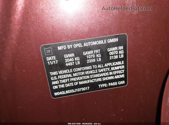 W04GL6SX5J1073017 2018 BUICK REGAL Burgundy Շարժիչի բաժամունքի տեսք