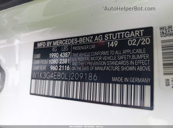 W1K3G4EB0LJ209186 2020 MERCEDES-BENZ A White 