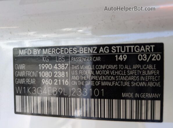 W1K3G4EB9LJ233101 2020 MERCEDES-BENZ A White 