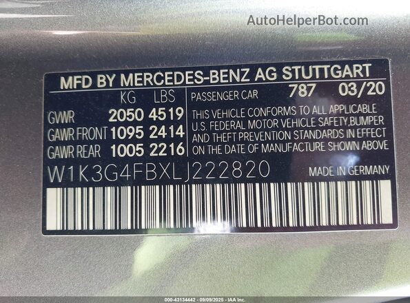 W1K3G4FBXLJ222820 2020 MERCEDES-BENZ A 220 Gray 
