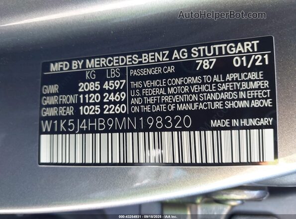 W1K5J4HB9MN198320 2021 MERCEDES-BENZ CLA 250 Серый 