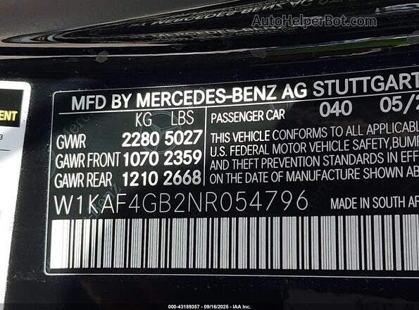 W1KAF4GB2NR054796 2022 MERCEDES-BENZ C-CLASS Black 