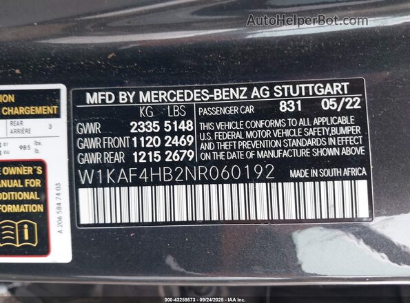 W1KAF4HB2NR060192 2022 MERCEDES-BENZ C-CLASS Black 