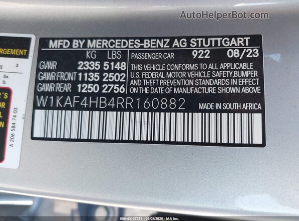 W1KAF4HB4RR160882 2024 MERCEDES-BENZ C-CLASS Серебряный 
