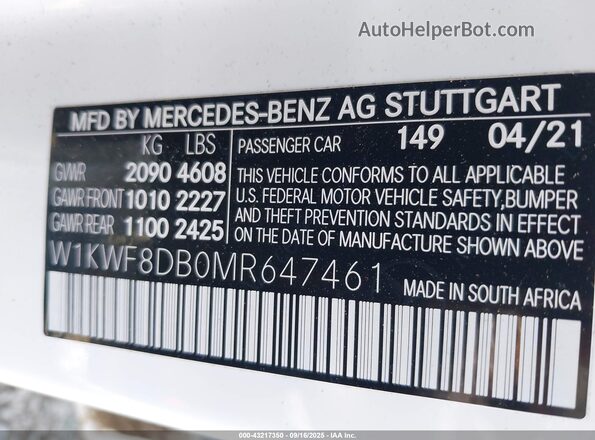 W1KWF8DB0MR647461 2021 MERCEDES-BENZ C-CLASS White Vista del compartimento del motor