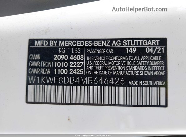 W1KWF8DB4MR646426 2021 MERCEDES-BENZ C White ძრავის განყოფილების ხედი