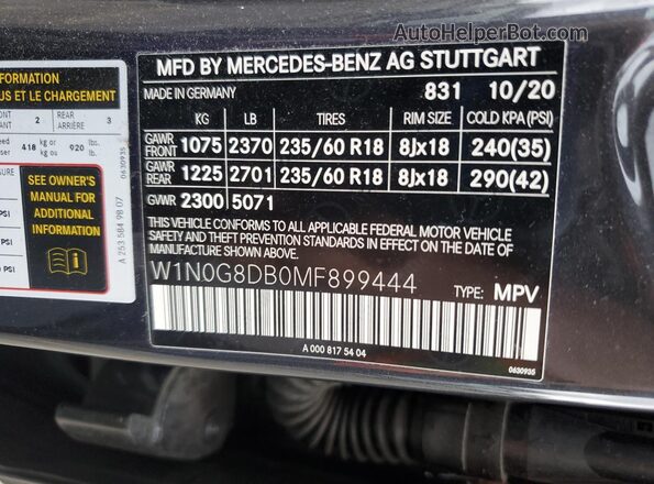 W1N0G8DB0MF899444 2021 MERCEDES-BENZ GLC-CLASS Charcoal Vista de la etiqueta del VIN
