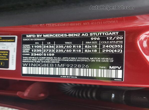 W1N0G8EB1MF922826 2021 MERCEDES-BENZ GLC-CLASS Burgundy 
