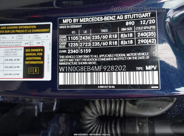 W1N0G8EB4MF928202 2021 MERCEDES-BENZ GLC 300 Blue Вид підкапотного простору