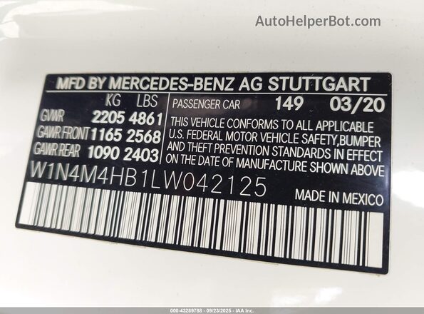 W1N4M4HB1LW042125 2020 MERCEDES-BENZ GLB-CLASS Белый Вид подкапотного пространства