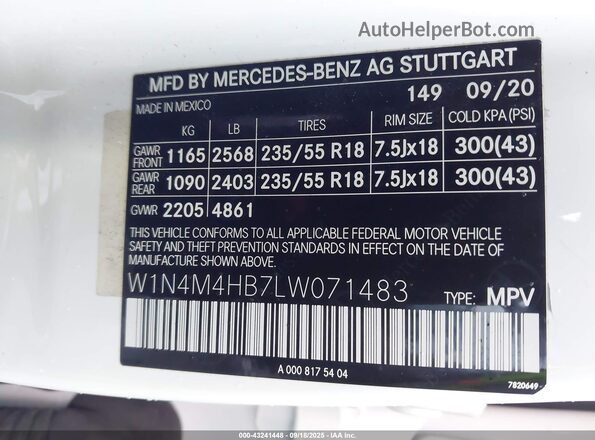 W1N4M4HB7LW071483 2020 MERCEDES-BENZ GLB-CLASS Белый Вид подкапотного пространства