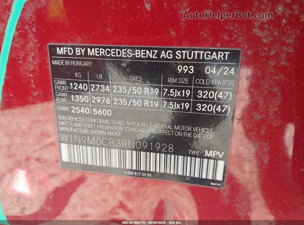 W1N9M0CB3RN091928 2024 MERCEDES-BENZ EQB 250 SUV Red ძრავის განყოფილების ხედი