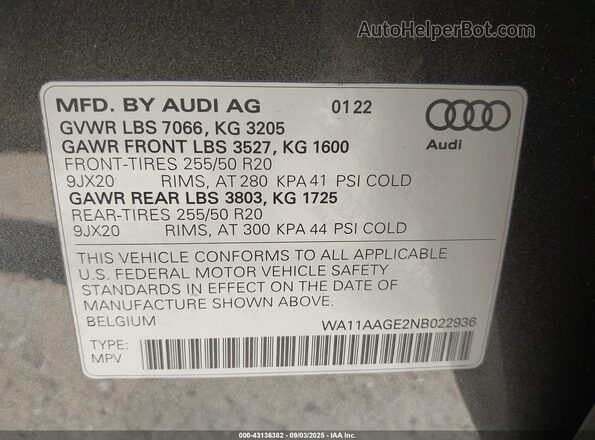 WA11AAGE2NB022936 2022 AUDI E-TRON Серый Вид подкапотного пространства