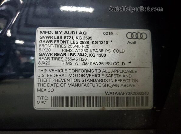 WA1A4AFY3K2060240 2019 AUDI SQ5 Blue Widok naklejki z numerem VIN
