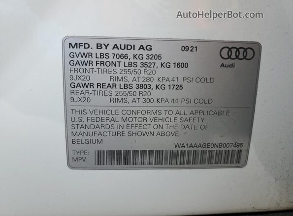 WA1AAAGE0NB007495 2022 AUDI E-TRON Белый 