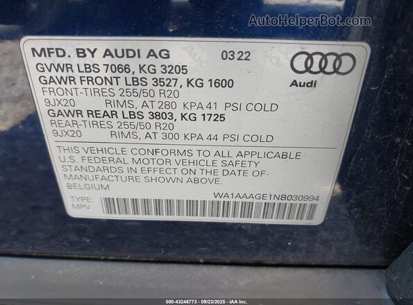 WA1AAAGE1NB030994 2022 AUDI E-TRON Blue Շարժիչի բաժամունքի տեսք