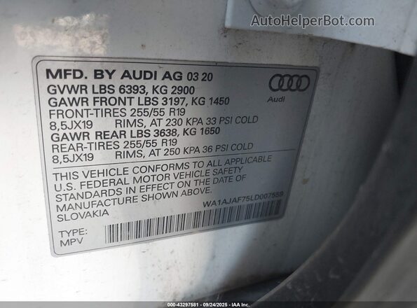 WA1AJAF75LD007559 2020 AUDI Q7 White ძრავის განყოფილების ხედი