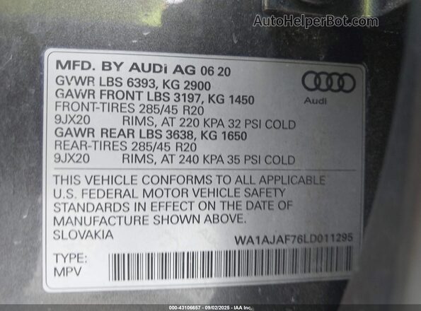 WA1AJAF76LD011295 2020 AUDI Q7 Gray Շարժիչի բաժամունքի տեսք