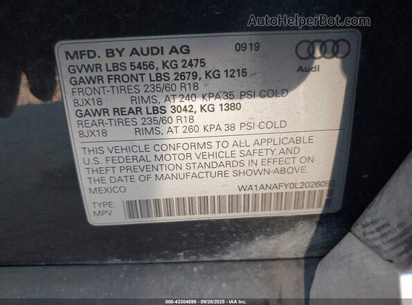 WA1ANAFY0L2026092 2020 AUDI Q5 Black ძრავის განყოფილების ხედი